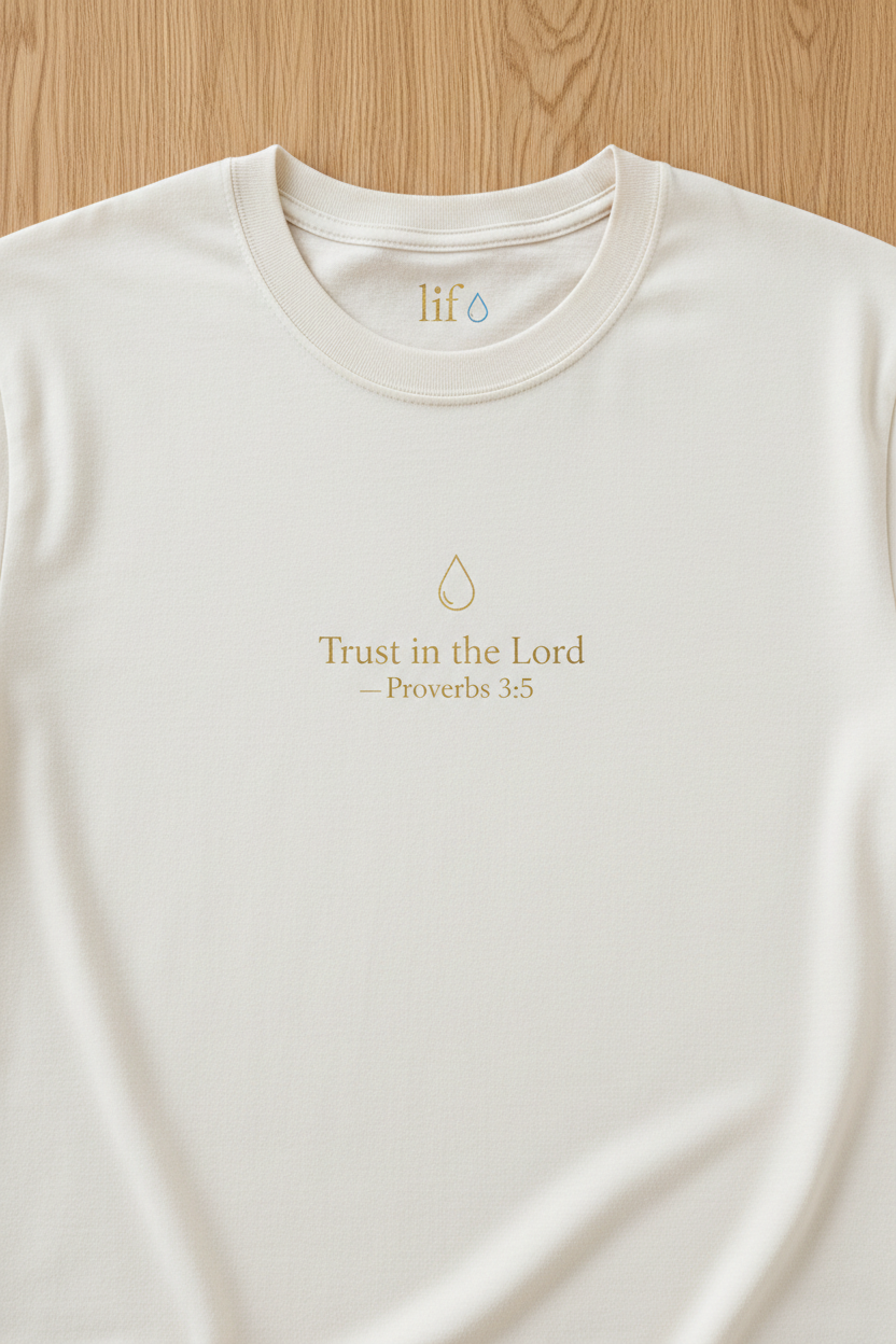 Cream t-shirt with Proverbs 3:5 scripture and gold water drop design