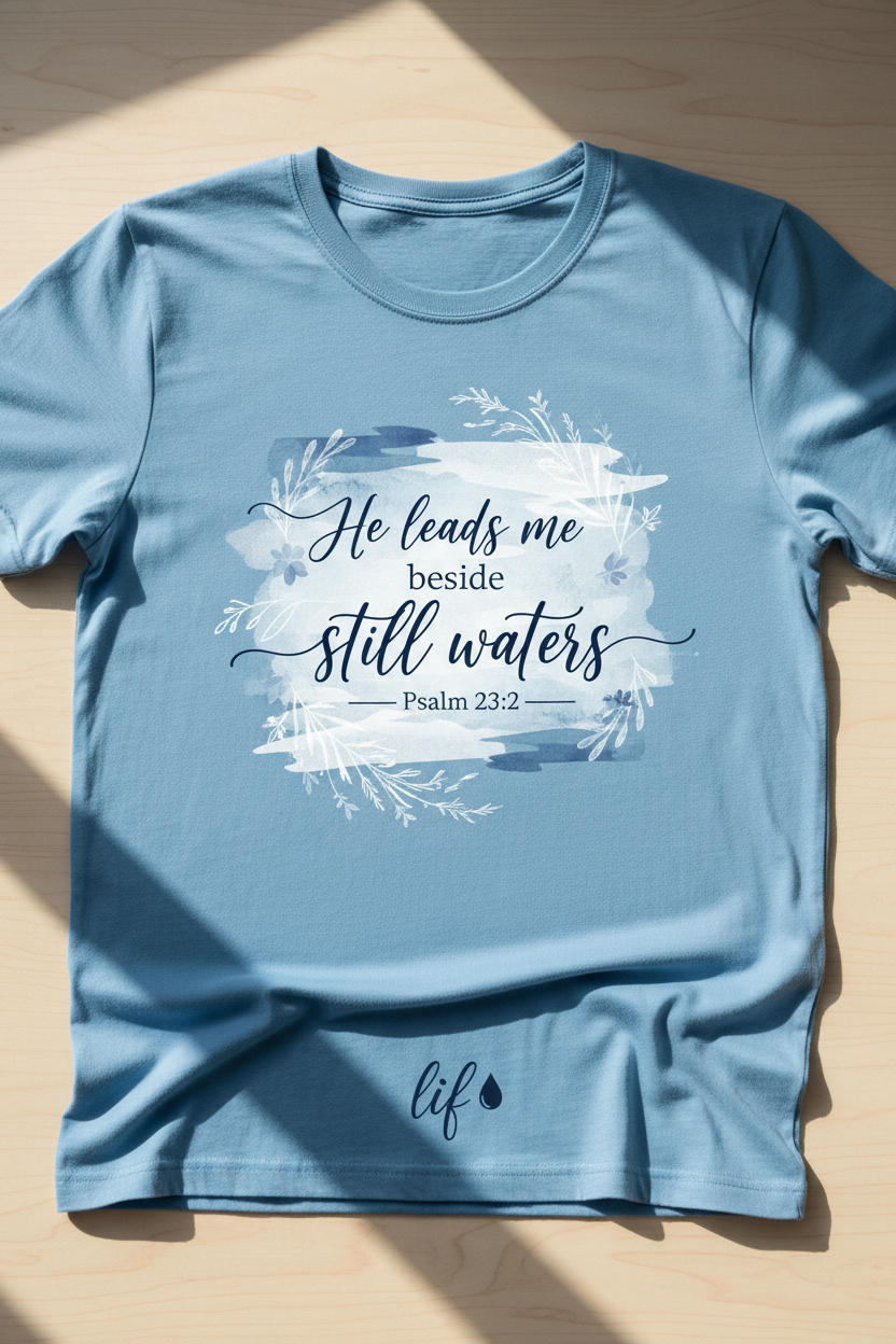 Sky blue t-shirt with Psalm 23:2 scripture and watercolor floral design