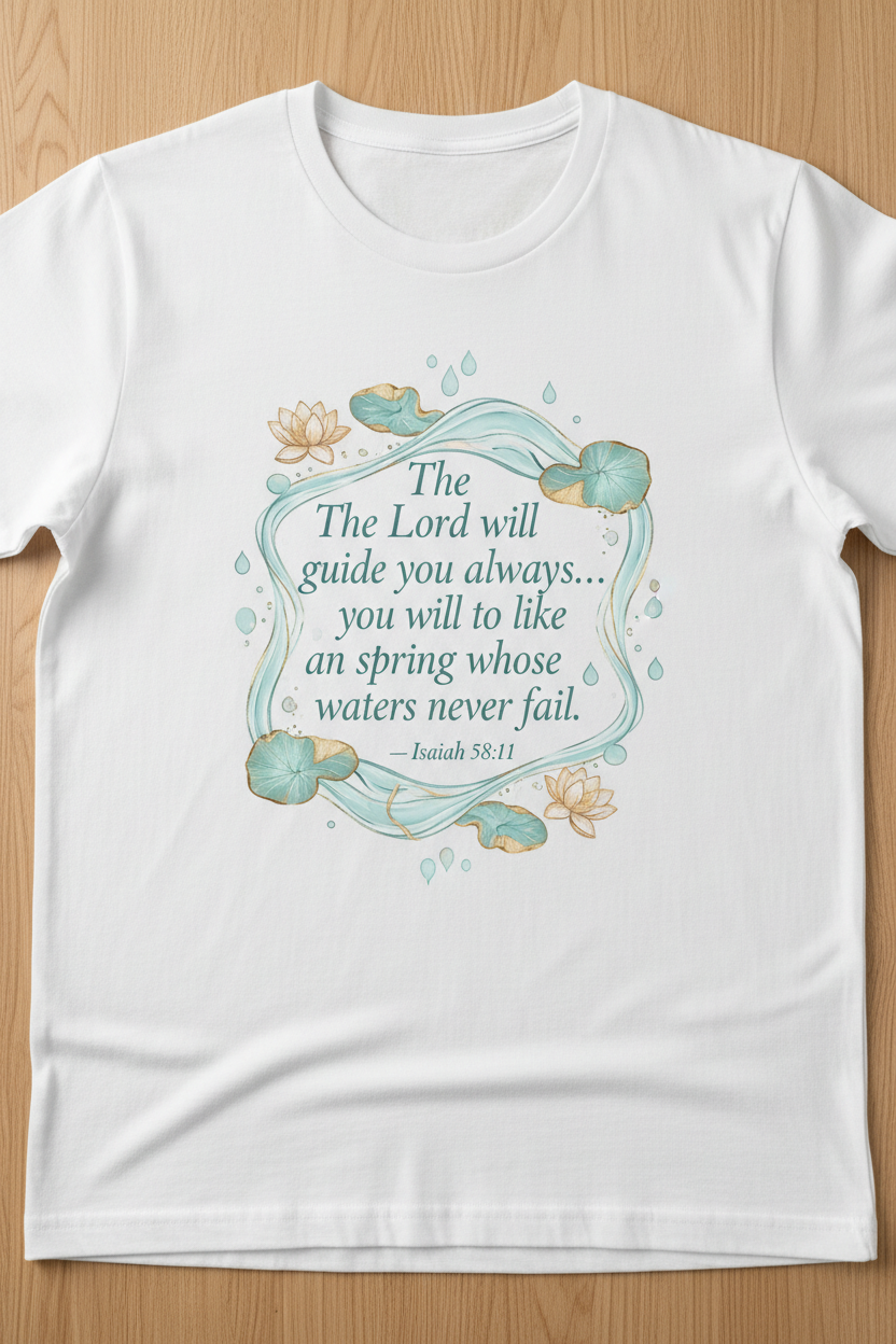 White t-shirt with Isaiah 58:11 scripture and lotus water design