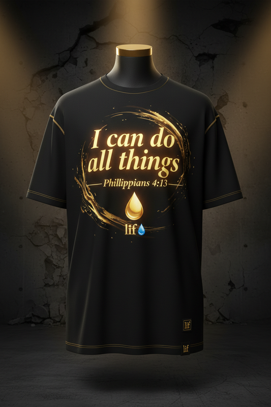 Black t-shirt with Philippians 4:13 scripture and gold swirl design